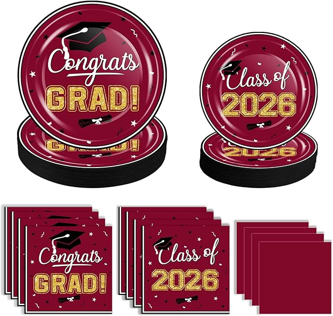 OuMuaMua Class of 2026 Graduation Party Decorations - 200 Pcs Maroon Graduation Plates and Napkins Disposable Dinnerware Set for 2026 College High School Grad Party Decorations, Serve 50