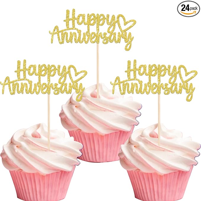 24 PCS Happy Anniversary Cupcake Toppers Glitter Wedding Anniversary Cupcake Picks Baby Shower Birthday Wedding Anniversary Party Cake Decorations Supplies Gold