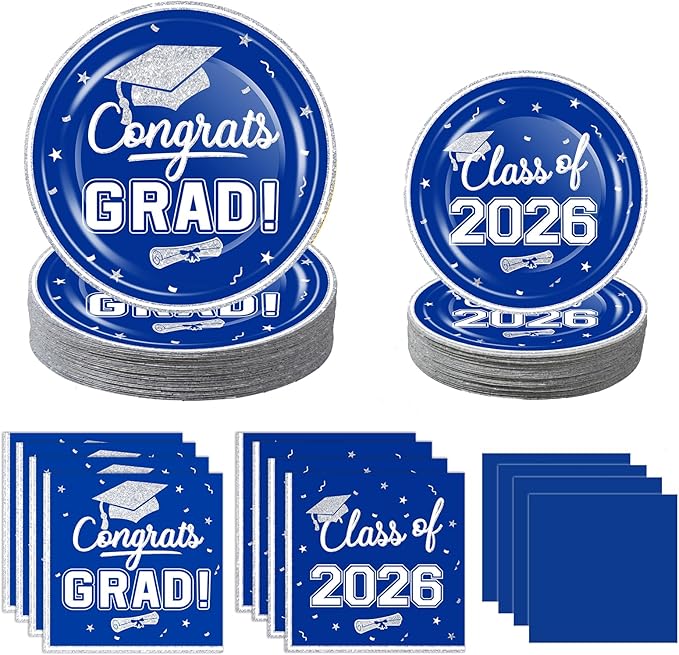 OuMuaMua 2026 Graduation Party Dinnerware Supplies - 200 Pcs Blue White Graduation Disposable Plates and Napkins for 2026 College High School Graduation Party Decorations, Serves 50