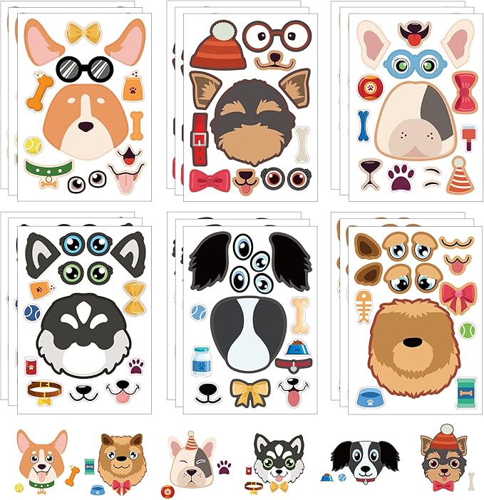 24 Sheets Dog Make a Face Sticker Sheets for Kids Todders Activities, Make Your Own Stickers for Kids Birthday Party Favor Supplies Craft