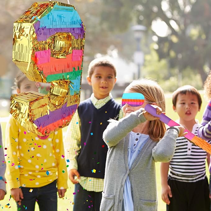 Rainbow Number 9 Pinata Birthday Decorations for Kids, Rainbow Pinata with Bat Stick Blindfold for Boys Girls 9th Birthday Celebrations Baby Shower Party Supplies (16.14x10.6x2.95 Inches)