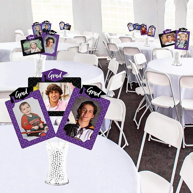 Purple Grad Graduation Photo Display Centerpiece Kit - 15 Double-Sided Photo Table Topper Sticks, Vertical and Horizontal 4x6 Picture Holders, DIY Party Decoration Set