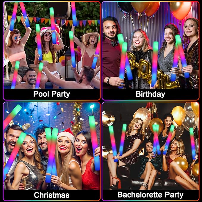 100 PCS Foam Glow Sticks, Bulk Glow Sticks with 3 Modes Colorful Flashing, LED Light Sticks, Glow in Dark Party Supplies for Wedding, Raves, Birthday, Christmas, New Year