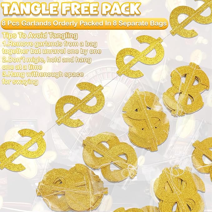 Xinnun Money Party Decorations Gold Old Dollar Sign Hanging Banners Currency Symbol Banner Cutouts Finance Investment Theme Ribbon Streamers for Casino Money Bachelorette Birthday Party Decor