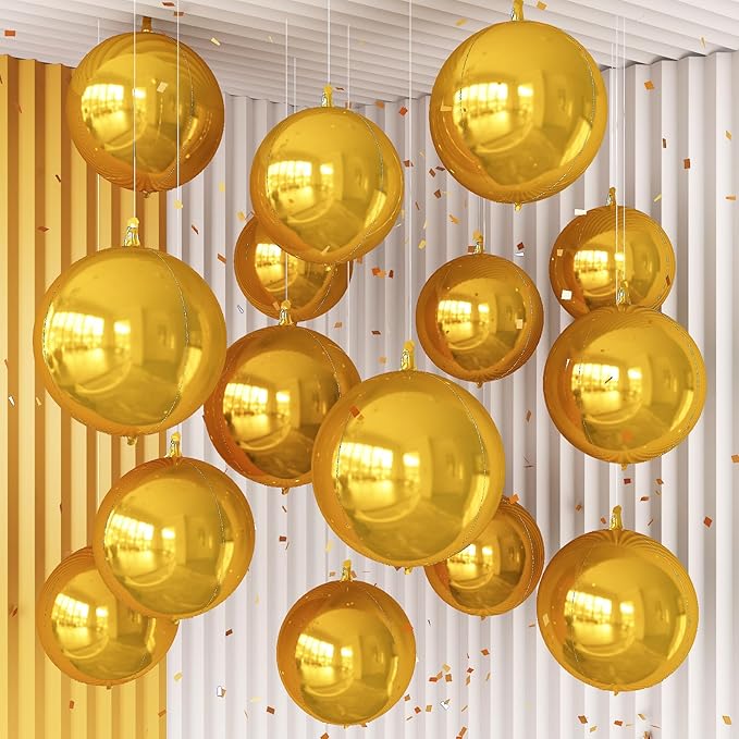 14 Pcs Gold Round Foil Balloons 22/15/10 4D Ball Balloons Metallic Golden Balloon Ornament Mylar Balloon Chrome for Graduation Birthday Wedding Anniversary New Year Disco Party Decorations