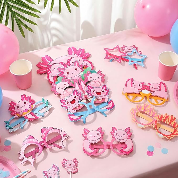 Pajean 36 Pcs Axolotl Party Decorations Eyeglasses Pink Axolotl Themed Paper Glasses Decor Salamander Photo Booth Props Frame for Birthday Pink Baby Shower Salamander Party Decoration Gift