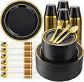 BESTVIP 700PCS Black Gold Plastic Dinnerware Set for 100 Guests, Disposable Plates for Party, Include: 200 Plastic Plates, 100 Pre Rolled Napkins with Gold Silverware, 100 Cups for Christmas