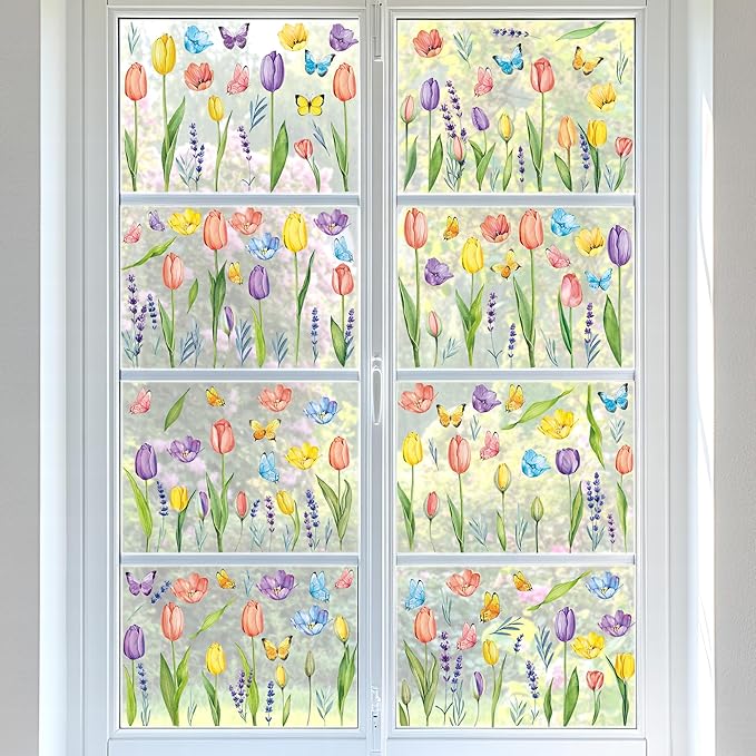 210PCS Spring Window Clings, 9 Sheet Spring Window Clings for Glass Windows with Tulip Flowers Butterfly, Double-Side Decals Stickers Decorations for Home Office Decor