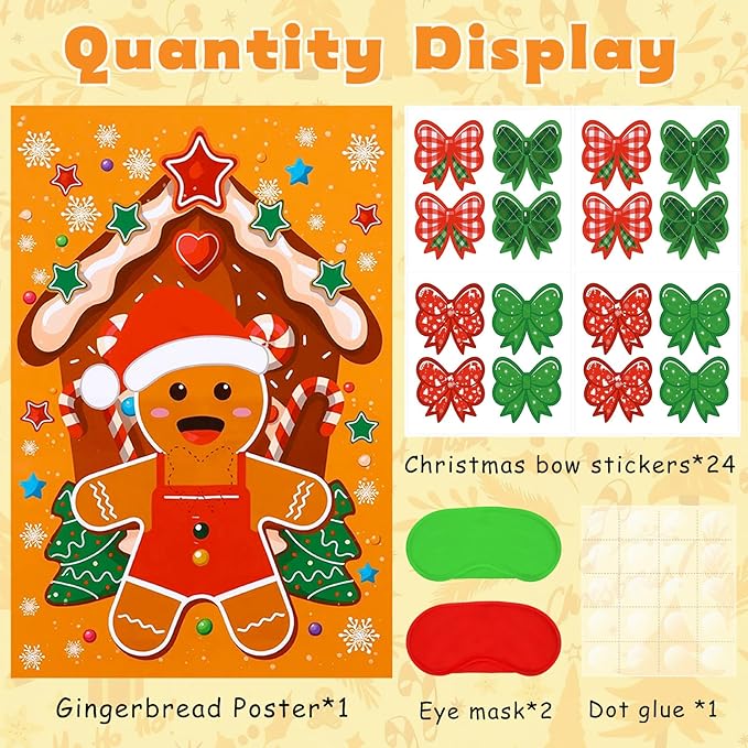 AUGSUN Christmas Party Games Pin The Bow Tie on The Gingerbread Man Activities Xmas Gingerbread Poster with Blindfold and Stickers for Christmas Activity Birthday Party Favor Supplies Family Gathering