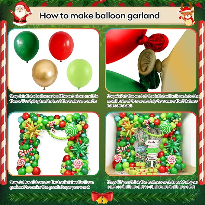 Christmas Balloon Garland Kit 143 Pcs Lime Green Dark Green Red Gold Balloons Arch with Candy Canes Foil Balloon Explosion Star Balloons for Xmas Ugly Sweater Friendsmas Birthday Party Decor