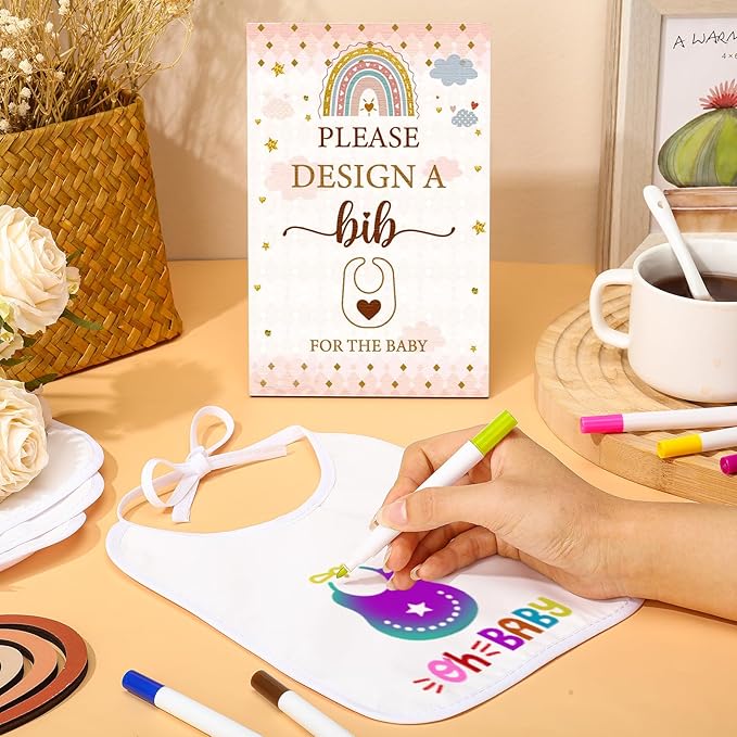50 Pcs Baby Shower Game White Bib Kit Include 1 Wooden Baby Shower Game Sign 25 DIY Blank White Bibs 24 Colorful Markers(Boho)