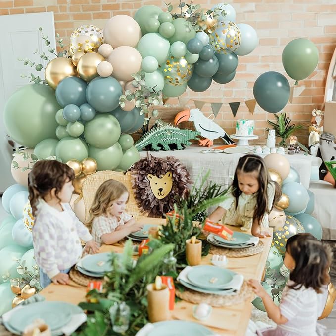 122Pcs Dusty Blue Sage Green Balloon Garland Kit, Pastel Olive Green Slate Blue Beige Metallic Gold Confetti Balloon Arch Kit for Women Men Boho Birthday Wedding Baby Shower Party Decorations