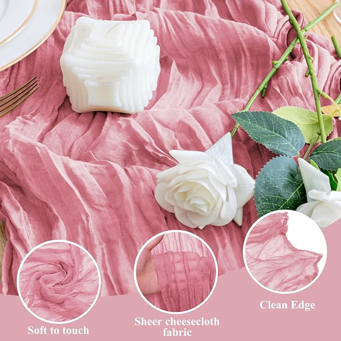 Wokceer Cheesecloth Table Runner 3Pack 10FT Dusty Rose Boho Gauze Cheese Cloth Table Runner for Party Long Rustic Sheer Table Runners for Baby Bridal Shower Wedding Easter Table Decor