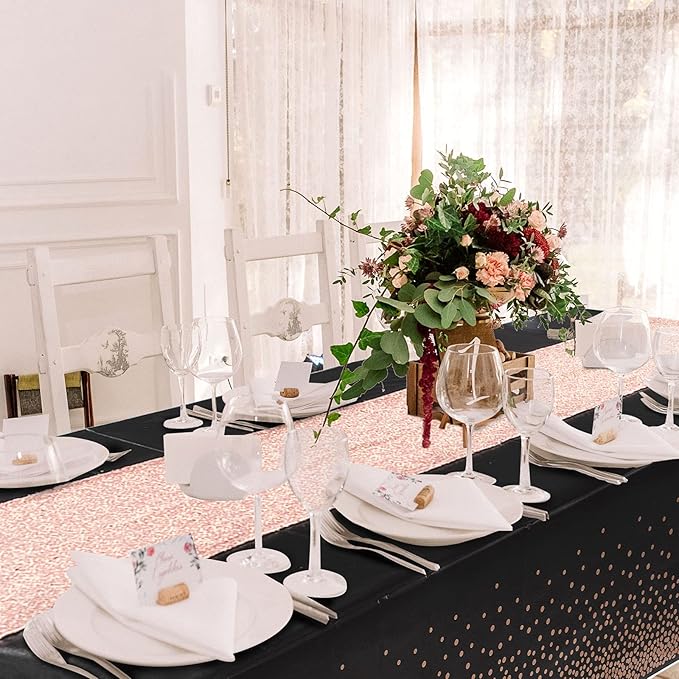 Irenare Tablecloth and Sequin Table Runner Set Polka Dots Confetti Table Cover Dining Plastic Tablecloths Glitter Decorations for Birthday Wedding Anniversary Party Supplies(Black, Rose Gold,2 Pcs)