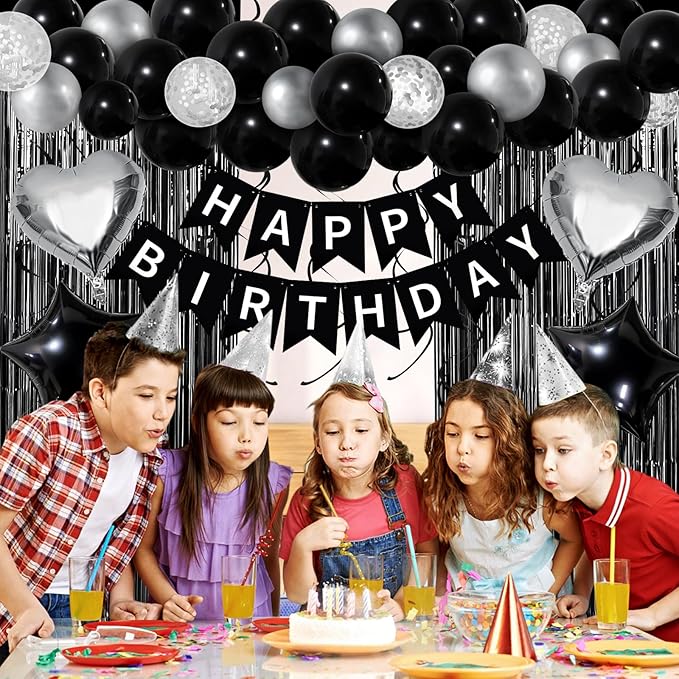 Black White Birthday Decorations, Bday Party Supplies for Women Men with Happy Birthday Banner, Confetti Balloons, Fringe Curtain, Heart Star Foil Balloons, Hanging Swirls
