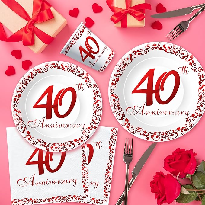 APOWBLS 40th Anniversary Plates And Cups Party Supplies - Ruby 40th Wedding Anniversary Decorations Dinnerware, Dinner Plate, Dessert Plates, Cups, Napkins | Serves 24