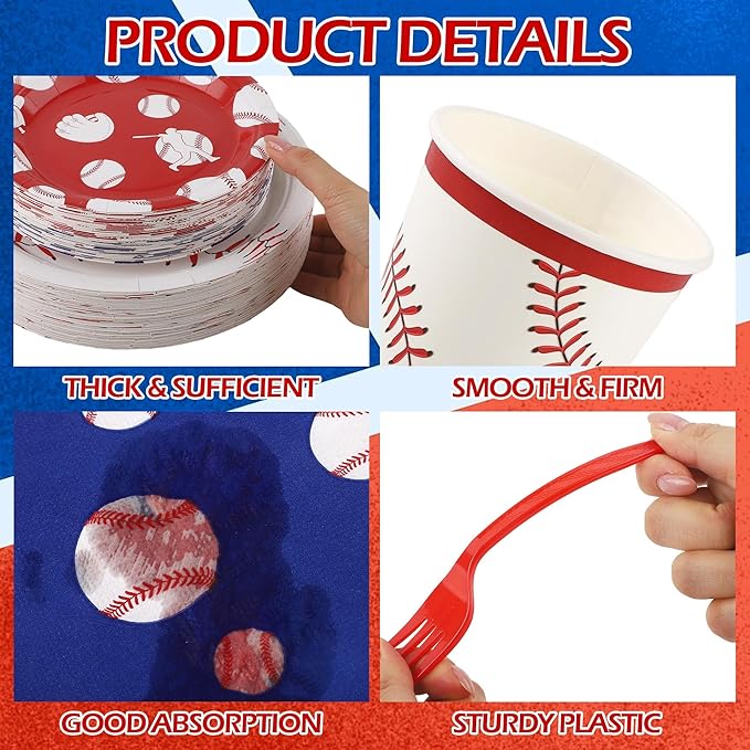 Kochorie 400 Pieces Baseball Disposable Tableware Sets, Baseball Party Supplies with Plates Cups Napkins Cutlery Serves 50 for Birthday Sports Party Decorations