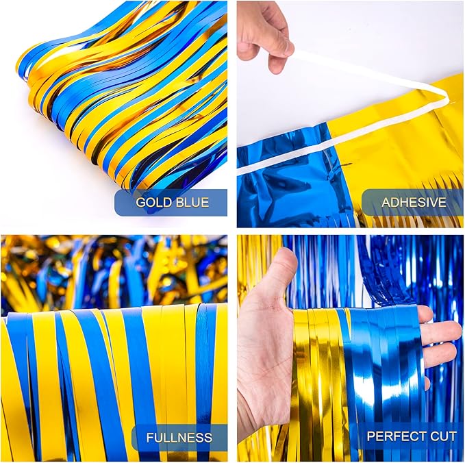 LOLStar Graduation Party Decoration, 4 Pack Blue and Gold 3.3x6.6 ft Foil Fringe Curtains, Tinsel Backdrop, Graduation Photo Booth Prop Streamer Backdrop for Class of 2026, Prom and Grad Party Decor