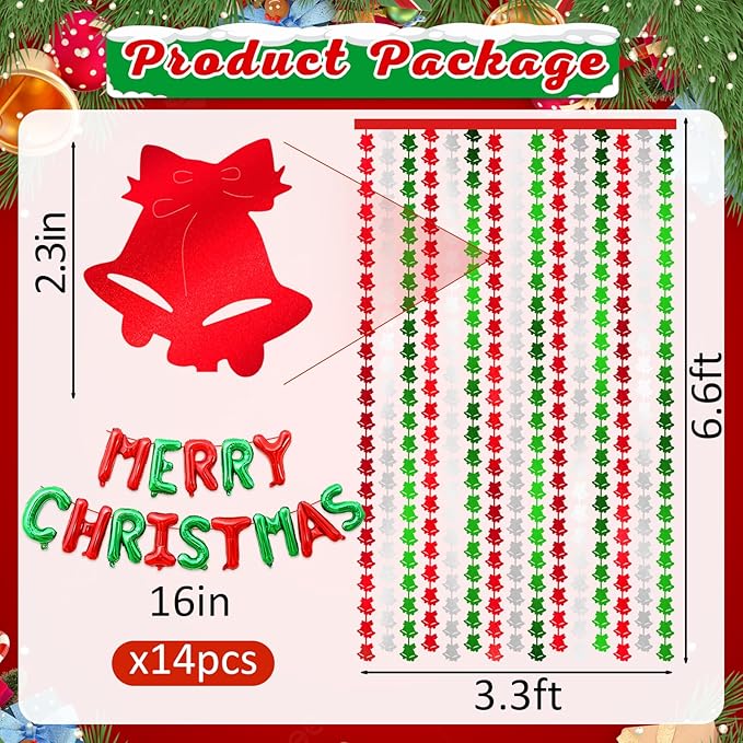 2Pack Christmas Foil Fringe Curtains with Merry Christmas Balloons, 3.3 x 6.6Ft Bell Backdrop Tinsel Photo Booth Props Streamers for New Year Ugly Sweater Xmas Party Decorations Supplies