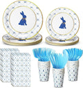 Yungyan 168 Pcs Easter Bunny Tableware Set Birthday Decorations Blue Bunny Bow Disposable Dinnerware Including Paper Plate Cup Napkin Cutlery Baby Shower Party Rabbit Plates for Table Supply Serves 24