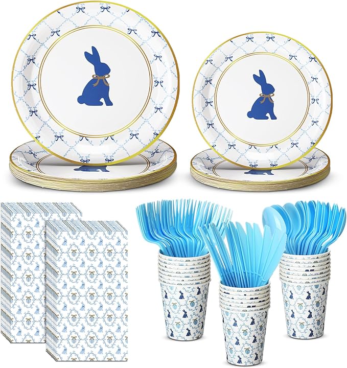 Yungyan 168 Pcs Easter Bunny Tableware Set Birthday Decorations Blue Bunny Bow Disposable Dinnerware Including Paper Plate Cup Napkin Cutlery Baby Shower Party Rabbit Plates for Table Supply Serves 24