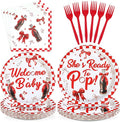 96Pcs She's Ready to Pop Baby Shower Decorations Soda Pop Drink Themed Plates and Napkins Red White Bow Gingham Disposable Paper Tableware Set for Girls Baby Shower Party Supplies Serves 24