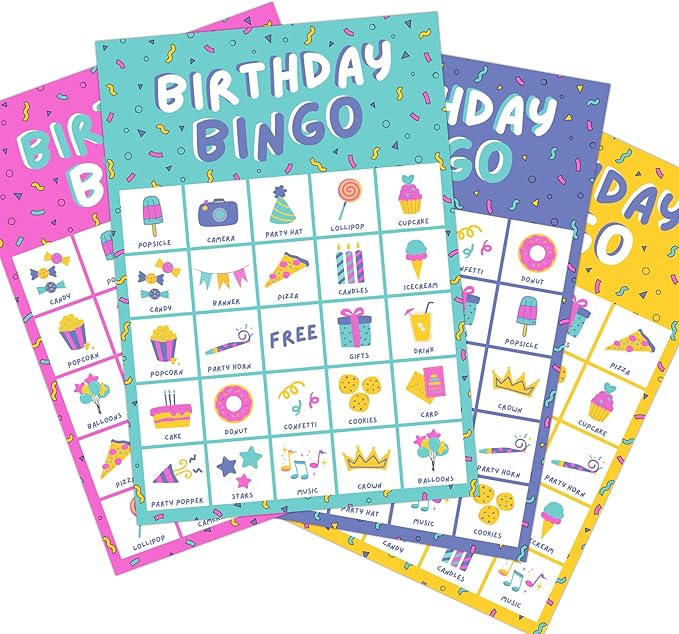 Markt Birthday Party Games for Kids, Birthday Bingo Game, Kids Party Games, Kid Bingo Game Decorations, Activities and Supplies for Girls or Boys (Multi-Color Pack)