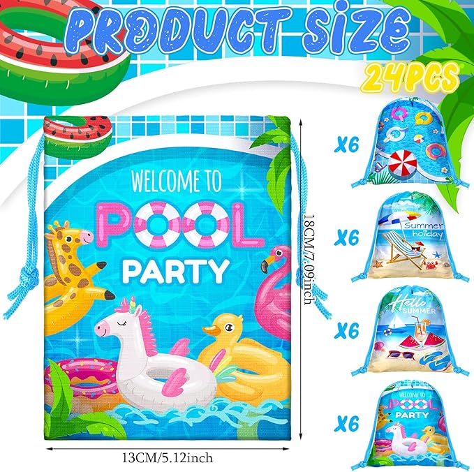 Capoda 24pcs Pool Party Favors Bags Summer Beach Drawstring Bags Hawaiian Backpacks Swimming Pool Decoration for Summer Birthday Beach Hawaiian Supplies