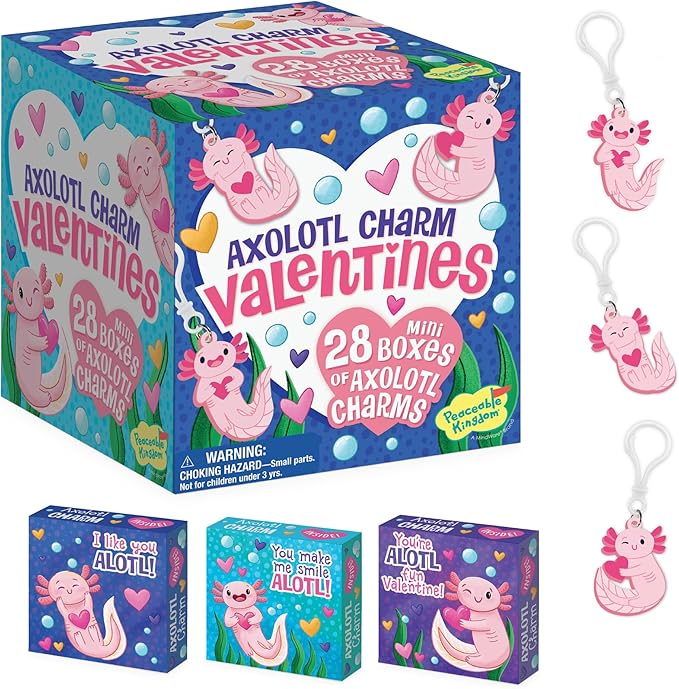 Peaceable Kingdom Valentines Box for Kids, Valentines Day Box Kit for Valentines Cards for Kids Classroom - Axolotl Friendship Charms