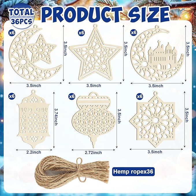 36PCS Wooden Ramadan Decorations Eid Islam Mubarak Ornaments Mubarak Hanging Hollow Pendant to Paint, DIY Blank Unfinished Wood Moon Cutouts Crafts Hanging Al Adha Star Lantern for Muslim Festive