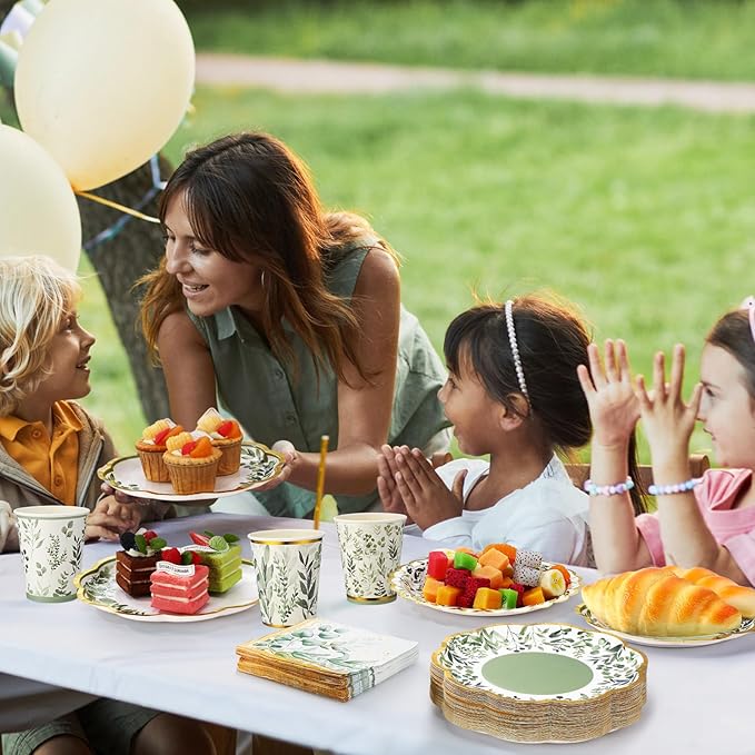 Yungyan 216 Pcs 72 Guests Greenery Plates and Napkins Party Supplies Sage Green and Gold Scalloped Disposable Eucalyptus Paper 6" Plates, Napkins and 9 oz Cups Set for Baby Shower Wedding Decoration