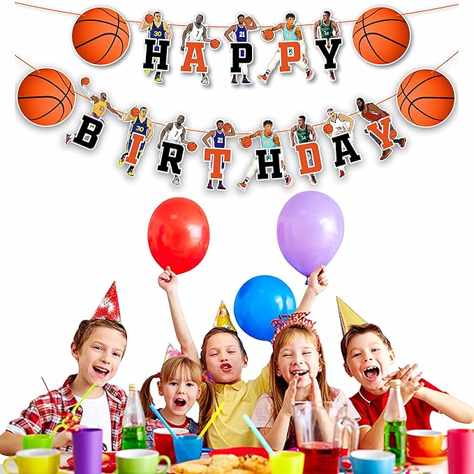 "Basketball Happy Birthday Banner – Sports Themed Party Decorations for Adults – Slam Dunk Basketball Birthday Party Supplies – Backdrop for Dessert Table, Cake Smash, High Chair, and Team Celebrations"