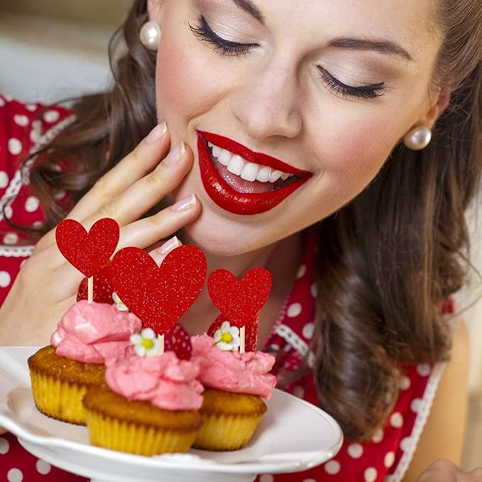 30 PCS Heart Cupcake Toppers Glitter Sweet Love Theme Cupcake Picks Wedding Engagement Bridal Shower Birthday Valentine's Day Party Cake Decorations Supplies Mixed Size Red