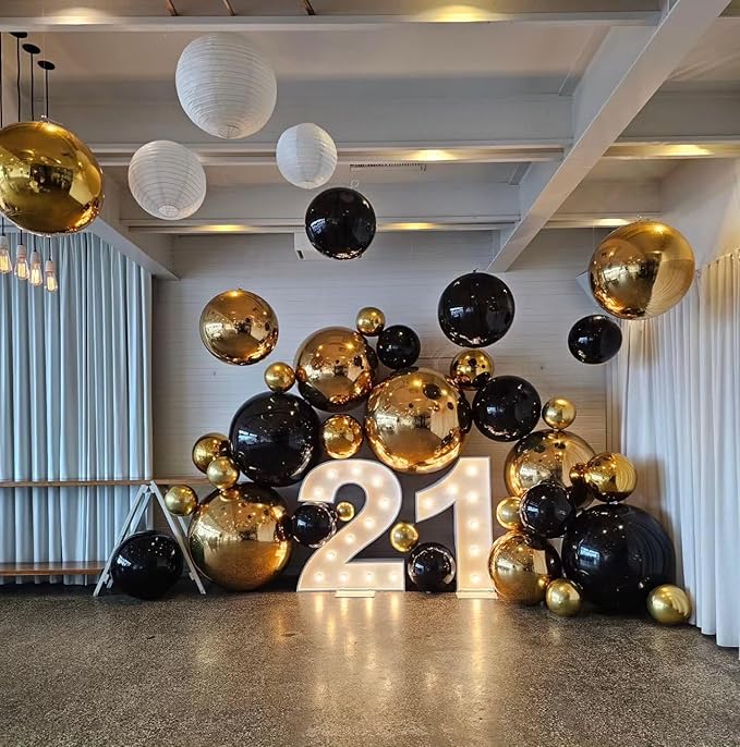 12Pcs Black and Gold Round Balloons Foil, 22" 18" 15" 10" 4D Round Ball Balloon, Giant Gold Black Silver Metallic Balloons for Graduation Wedding New Year Eve Prom Birthday Decorations Supplies