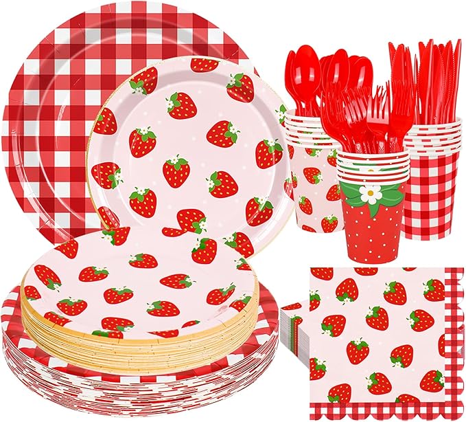 175Pcs Strawberry Gingham Party Supplies Kit Red Pink Plaid Tableware Set Disposable Dinnerware Paper Napkin Plate Cup Spoon Fork Knife for 25 Guest Party Favor