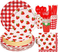 175Pcs Strawberry Gingham Party Supplies Kit Red Pink Plaid Tableware Set Disposable Dinnerware Paper Napkin Plate Cup Spoon Fork Knife for 25 Guest Party Favor