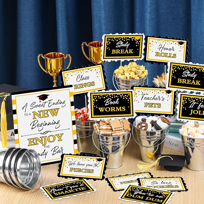 12 Set 2026 Graduation Candy Buffet Party Decoration Graduation Table Candy Bar Snack Labels Signs and 5'' Buckets with Handle for Class of 2026 Party Parties Supplies(Plaid Border Style,Silver)