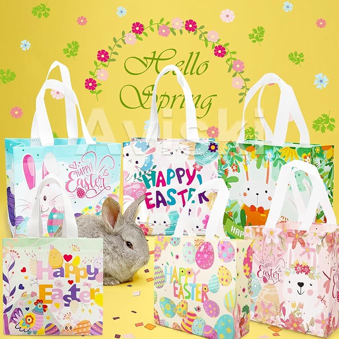 Aviski 6PCS Happy Easter Egg Hunt Bags, Assorted Sizes, Easter Bunny Carrot Chick Egg Treat Bag with Handles, Non-Woven Gifts Wrapping, Egg Hunt, Spring Party Supplies