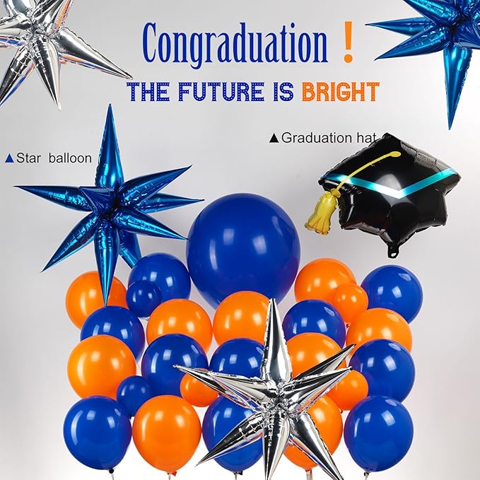 kozee royal blue and orange balloon garland arch kit 150+pcs with graduation cap Blue star mylar balloons for Men birthday 2026 Graduation Ceremony Prom decorations