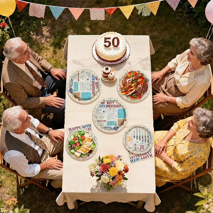 96Pcs 50th Anniversary Party Decorations Retro 50 Years Plates and Napkins 50th Anniversary Disposable Tableware Set for Vintage 50 Year Wedding Company Party Supplies Serves 24