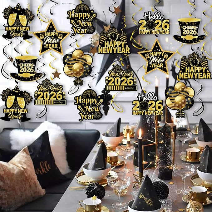 2026 Happy New Year Hanging Swirls, 40Pcs Black and Gold New Years Eve Party Ceiling Swirls Streamer for 2026 New Years Hanging Decorations