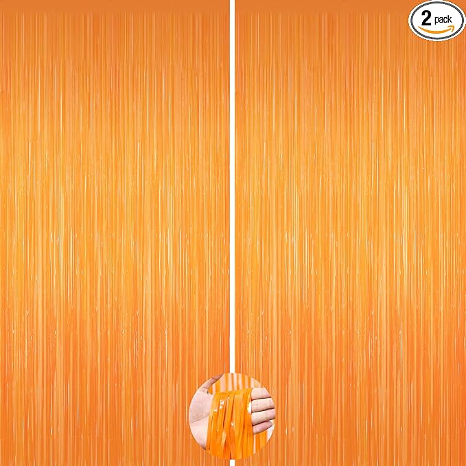 2Pack Orange Backdrop Curtains, Orange Tinsel Backdrop, Metallic Party Streamer Fringe Curtains, Foil Curtains Halloween Decor Birthday Wedding Party Decorations, Streamers for Graduations/Doorway