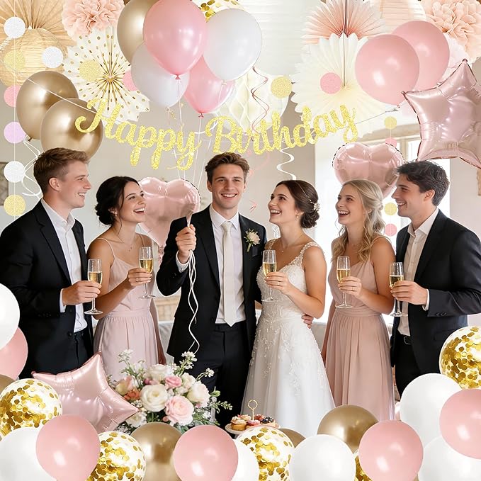 Birthday Decorations for Women, Boho Champagne-Beige 42pcs Balloon Garland with Hearts & Stars, Happy Birthday Banner, Peach Paper Lanterns & Tissue Pom Poms– decoración de cumpleaños para mujer