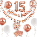 Fifteen & Fabulous Rose Gold 15th Birthday Banner, Garland, Foil Balloon, Decorations, Hanging, Cheers to 15 Years Old Party Supplies Backdrop