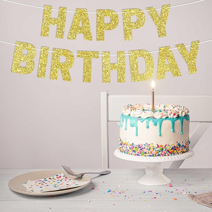 Pre-strung Happy Birthday Banner - No DIY - Glitter Birthday Party Banner for Men & Women - Pre-strung Garland on 8 ft Strands - Bday Party Decorations & Decor. Did We Mention No DIY (Yellow Gold)