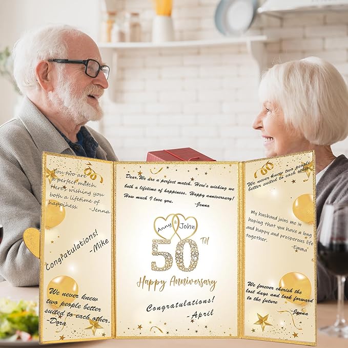 Trgowaul Gold 50th Wedding Anniversary Decorations, Happy 50th Anniversary Guest Book Alternative, 50th Anniversary Signature Book, White Gold Gift Card for 50 Years Wedding Anniversary Party Supplies
