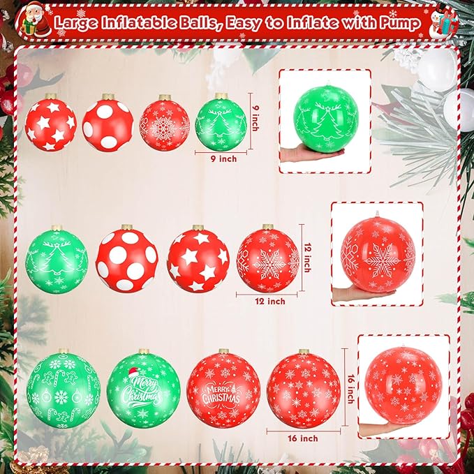 12 Pack Giant Inflatable Christmas Ornaments for Outdoor Decoration, Big Christmas Balls for Front Door Yard Tree Hanging (9 Inch, 12 Inch, 16 Inch)