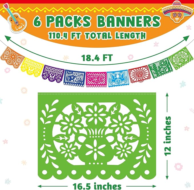 6 PCS Cinco De Mayo Banner, 110FT Colorful Fiesta Party Decorations, Plastic Hanging Papel Picado Mexican Banner for Dia De Los Muertos Decorations Day of Dead Altar Kit Fiesta Decor Party Favor
