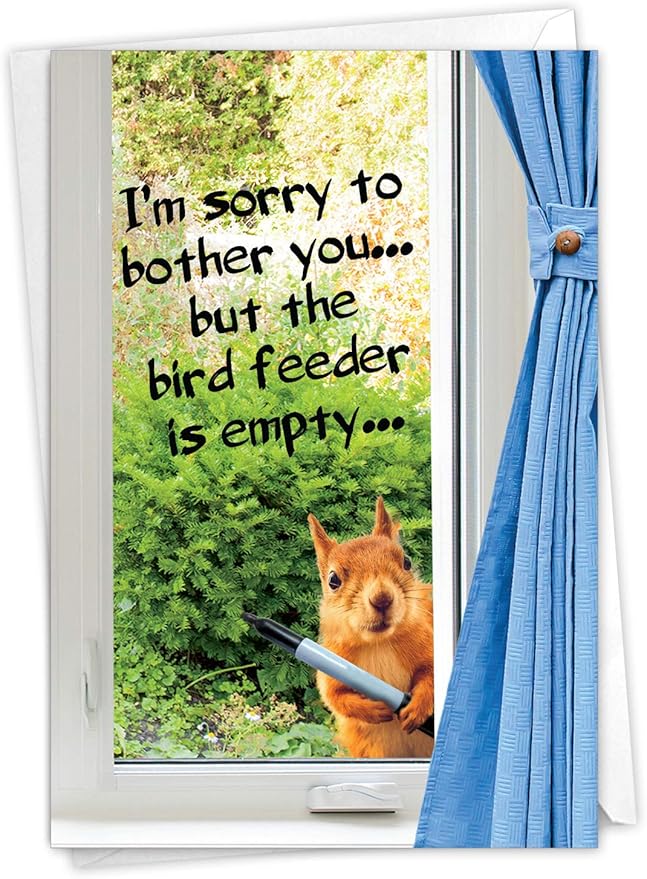 NobleWorks - 1 Happy Birthday Card with Funny Animals - Wildlife and Pet Humor, Fun Birthday Celebration Notecard - Empty Bird Feeder C2561BDG