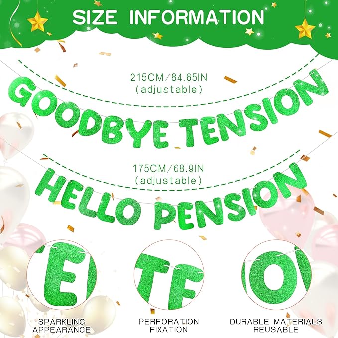 Retirement Banner Pre-Strung GOODBYE TENSION HELLO PENSION Banner Glitter Retirement Party Supplies Decorations for Women Men Office Home Decor (Green)